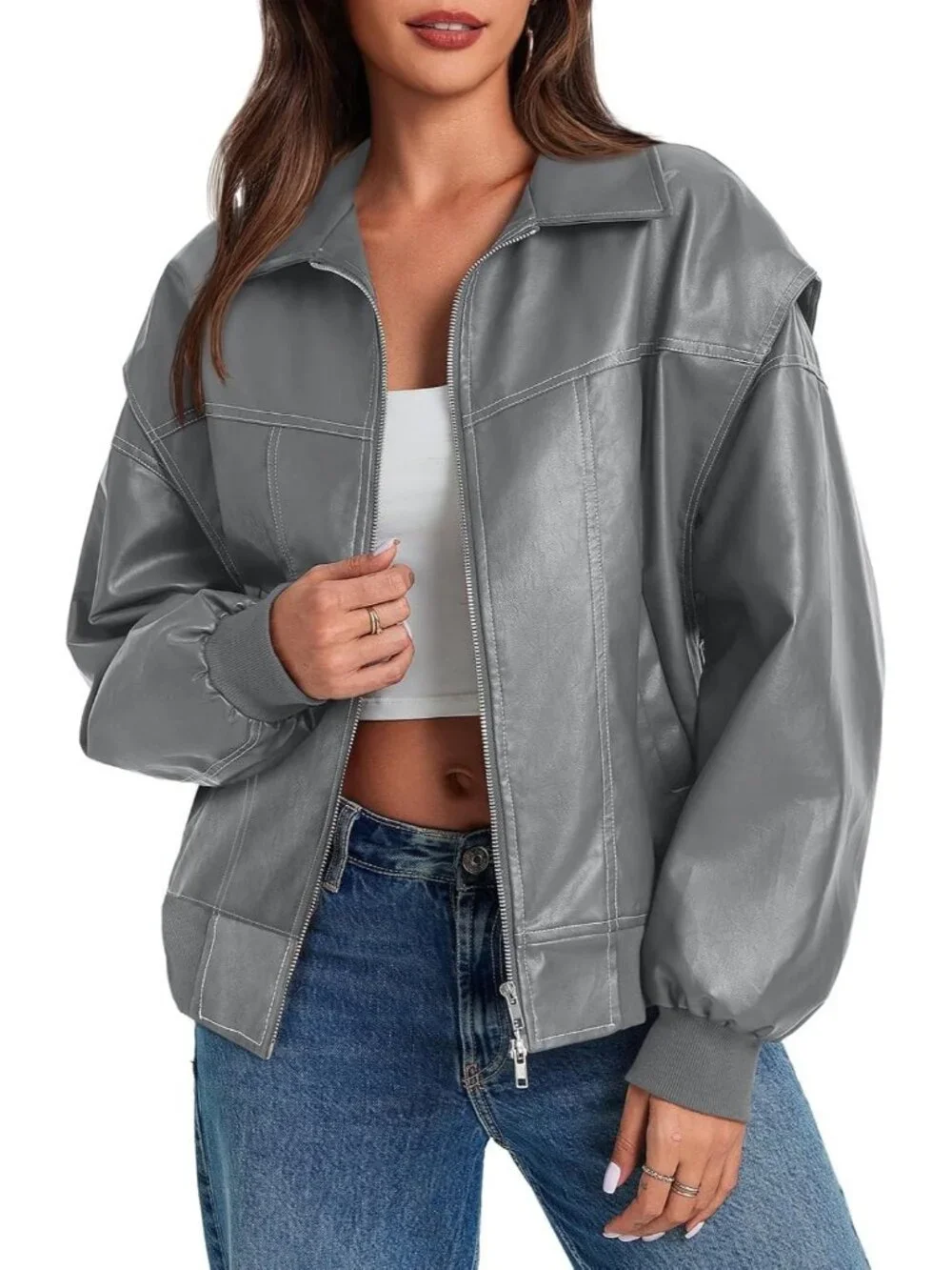 Women's Grey Oversized Faux Leather Bomber Jacket Motorcycle ZIP Up Coat